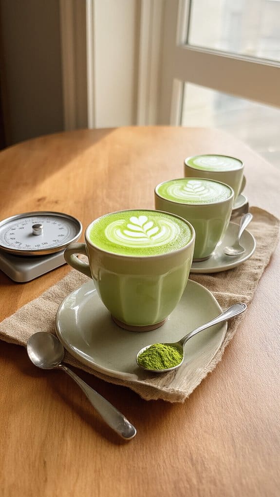 Matcha latte with a green powder in a spoon, served on a wooden table near a window, emphasizing healthy beverages and wellness.