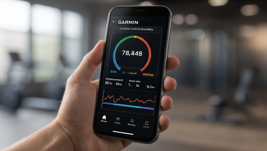 Which Companies Offer Reliable Health Metrics Calculator Apps With Tracking Features? 2 A close-up of a hand holding a smartphone with a fitness tracking app displaying step count, activity levels, and heart rate data inside a gym or fitness center.