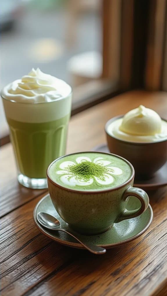 Matcha Ya A Popular Destination for Tea Lovers 3 Creamy matcha latte with whipped cream, hot matcha drink in a cup with matcha powder topping, and a latte with foam on a wooden table.