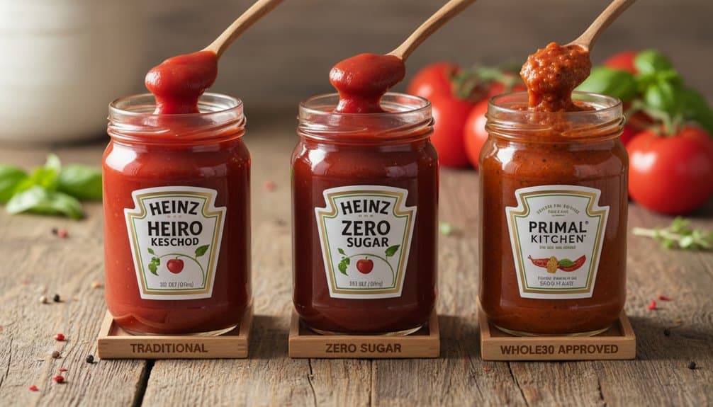 A trio of healthy tomato-based sauces offering traditional, zero sugar, and whole30 approved options, perfect for nutritious meals and health-conscious diets.