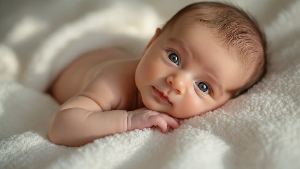 Adorable baby lying on soft white blanket with curious expression, showcasing health and wellness for infants and parents.