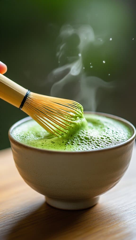 Matcha green tea whisking in bowl, traditional Japanese tea preparation, health benefits, fresh aromatic drink, wellness, natural antioxidant, calming ritual, still life, wooden table, serene atmosphere.