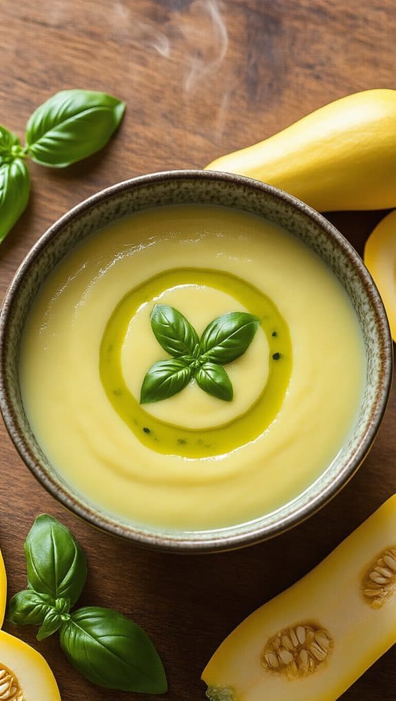 Creamy yellow soup garnished with fresh basil leaves, surrounded by whole and sliced yellow squash and basil, on a wooden surface - healthy, flavorful, and easy to prepare.