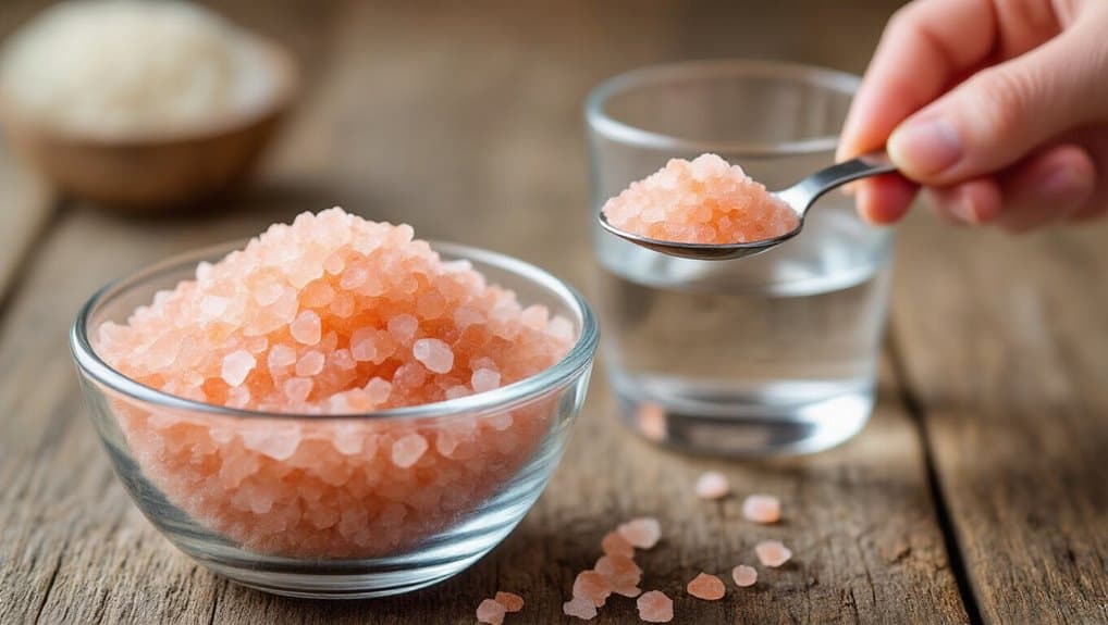 Pink Himalayan salt crystals in a glass bowl with a hand scooping some salt into a glass of water.