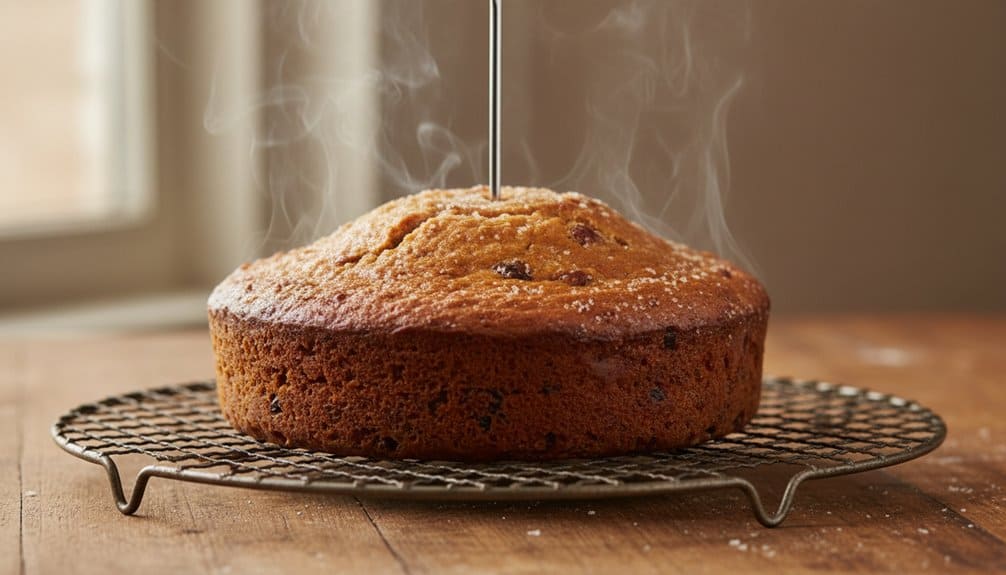 Classic Delia Christmas Cake Step-By-Step With Timings 3 Delicious homemade chocolate chip cake cooling on a wire rack, perfect for a sweet treat or celebration, with warm sunlight streaming in.