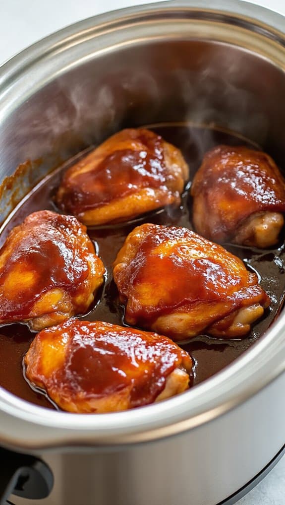 Savory chicken thighs cooking in a slow cooker with sweet and tangy barbecue sauce. Perfect for healthy meal prep and delicious dinner options.