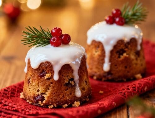 Delicious mini Christmas cakes topped with white icing, red berries, and pine sprigs on a red cloth, evoking holiday warmth and seasonal celebration.