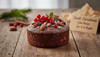 Delicious homemade Christmas cake topped with fresh berries, nuts, and powdered sugar, perfect for holiday celebrations. Easy-to-make recipe for a festive treat for 2-4 people.