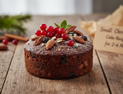 Delicious homemade Christmas cake topped with fresh berries, nuts, and powdered sugar, perfect for holiday celebrations. Easy-to-make recipe for a festive treat for 2-4 people.