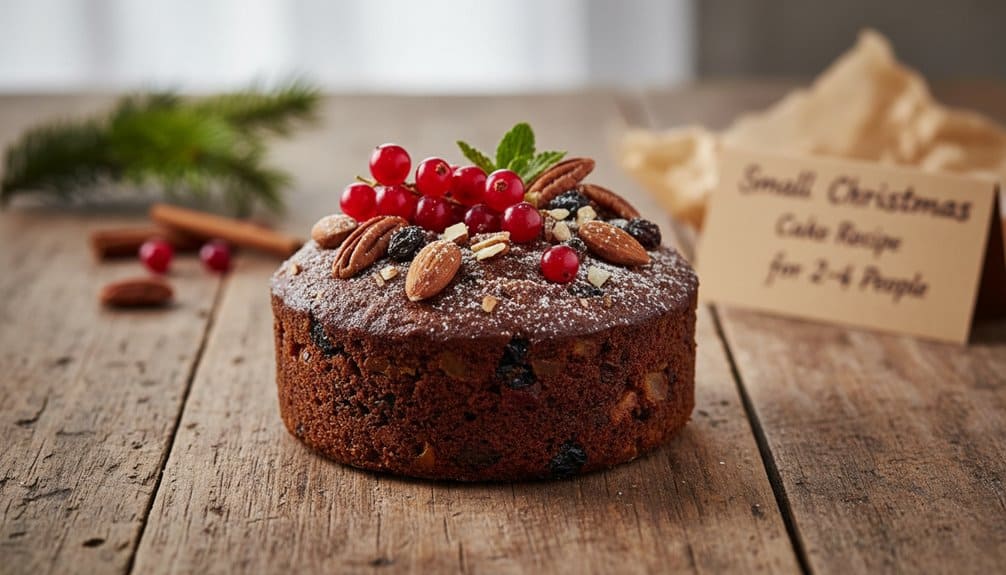Delicious homemade Christmas cake topped with fresh berries, nuts, and powdered sugar, perfect for holiday celebrations. Easy-to-make recipe for a festive treat for 2-4 people.