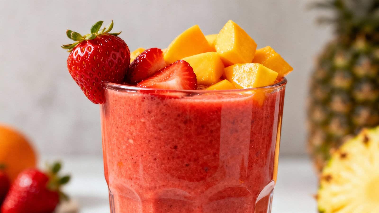 Fresh strawberry and mango smoothie in a clear glass, topped with sliced strawberries and mango chunks, with pineapple and strawberries in the background.
