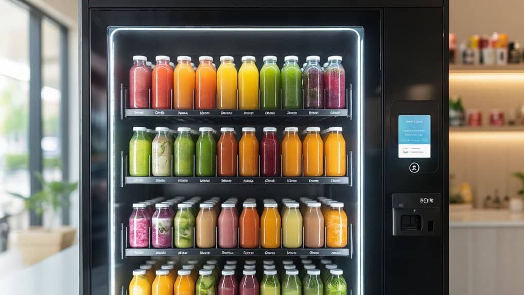 Vending machine filled with a variety of colorful juice bottles, promoting healthy drink options.
