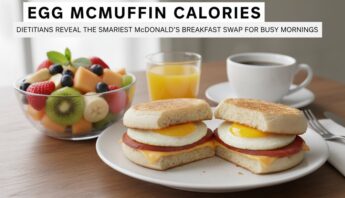 Bright image of an Egg McMuffin with eggs, ham, cheese on toasted bread, served with fresh fruit salad, orange juice, and coffee for a nutritious breakfast.