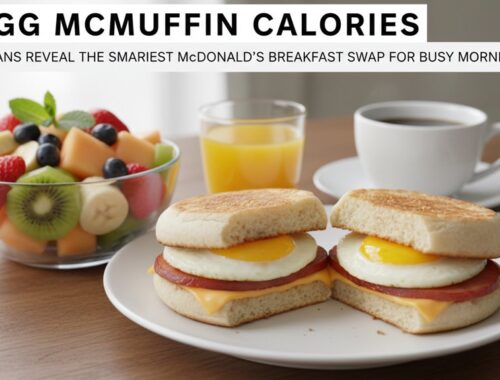 Bright image of an Egg McMuffin with eggs, ham, cheese on toasted bread, served with fresh fruit salad, orange juice, and coffee for a nutritious breakfast.