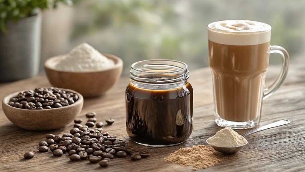 Protein Coffee Concentrate Brew Once, Sip All Week 3 Rich coffee beans, jar, and a frothy latte on a rustic wooden table with health and fitness ingredients background.