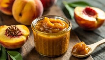 Yummy Homemade Peach Butter Recipe Everyone will Love 11 Juicy peach halves with a swirl of chocolate on one, fresh peach and peach jam in a glass jar, and a wooden spoon with peach jam on a rustic wooden surface.