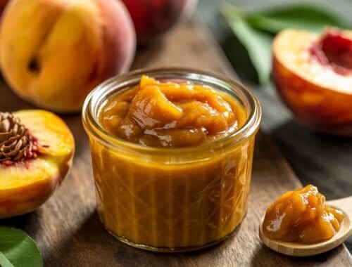 Juicy peach halves with a swirl of chocolate on one, fresh peach and peach jam in a glass jar, and a wooden spoon with peach jam on a rustic wooden surface.
