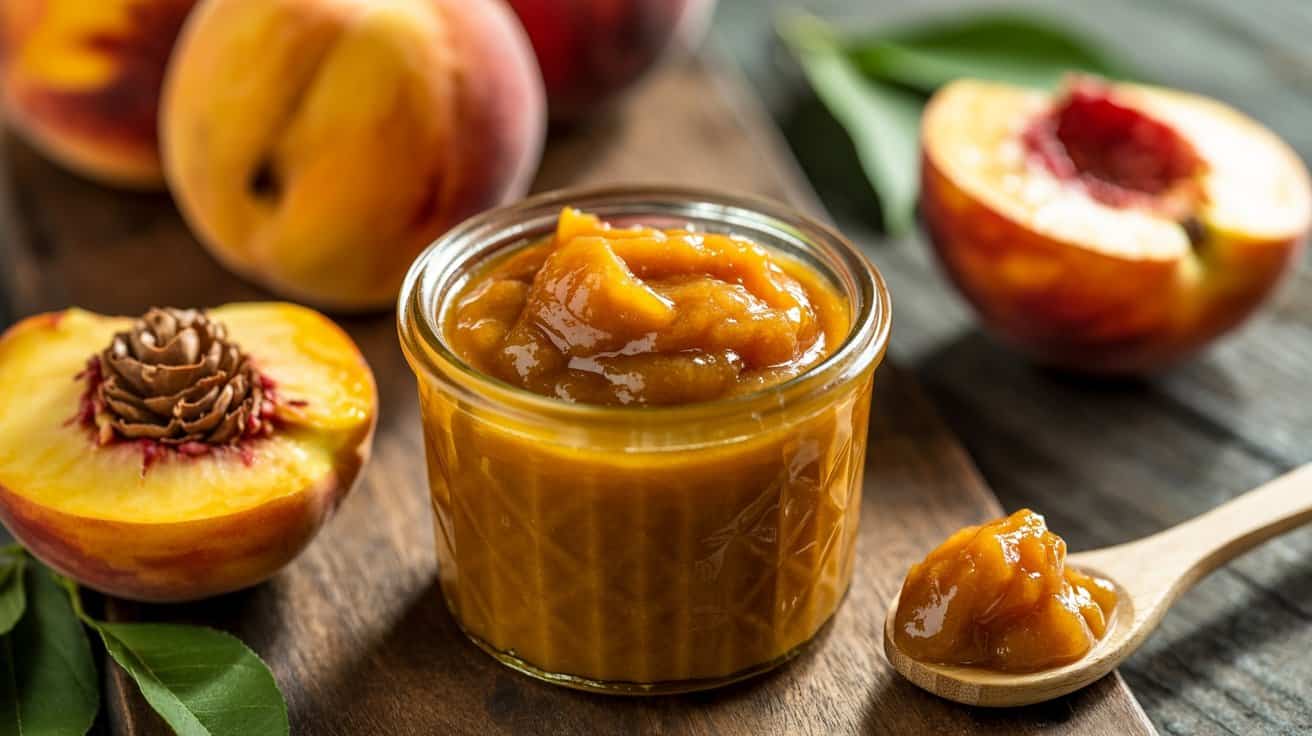 Juicy peach halves with a swirl of chocolate on one, fresh peach and peach jam in a glass jar, and a wooden spoon with peach jam on a rustic wooden surface.