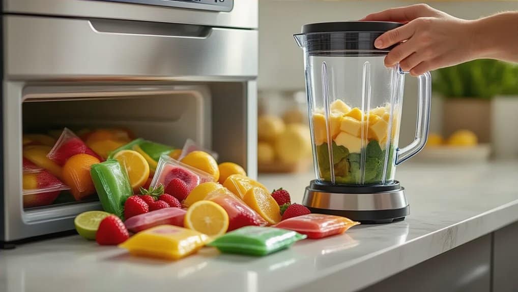 Costco Smoothie Packs: Easy, Healthy, and Delicious Drinks Anytime 2 Fresh fruit smoothies with various fruit packs and ingredients, ready to blend for a healthy snack or meal. A blender and colorful fruit packs sit on a clean kitchen counter.