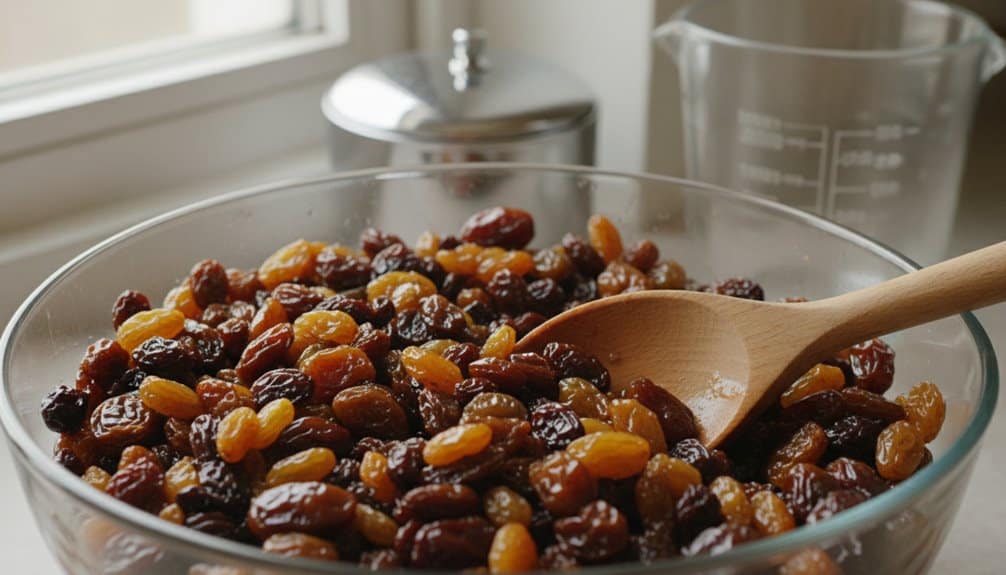 Classic Delia Christmas Cake Step-By-Step With Timings 2 A clear glass bowl filled with a colorful mixture of dried fruits, including raisins and apricots, with a wooden spoon resting inside. Perfect for healthy snacking or adding to oatmeal or yogurt.