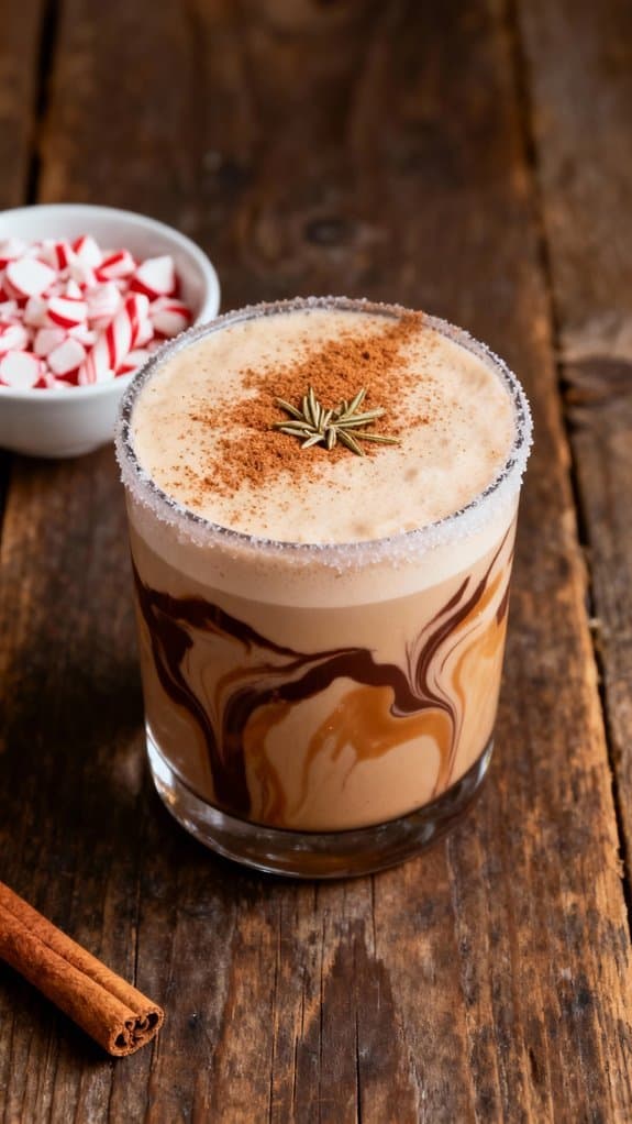 Delicious homemade mocha latte topped with cinnamon and star anise, served in a glass on a rustic wooden table. Perfect for cozy mornings or relaxing afternoons.