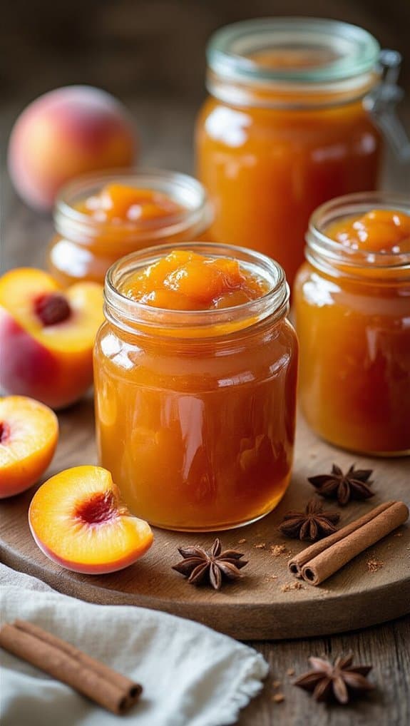 Creamy peach jam in glass jars with fresh peaches and spices on wooden background, healthy homemade fruit preserves.