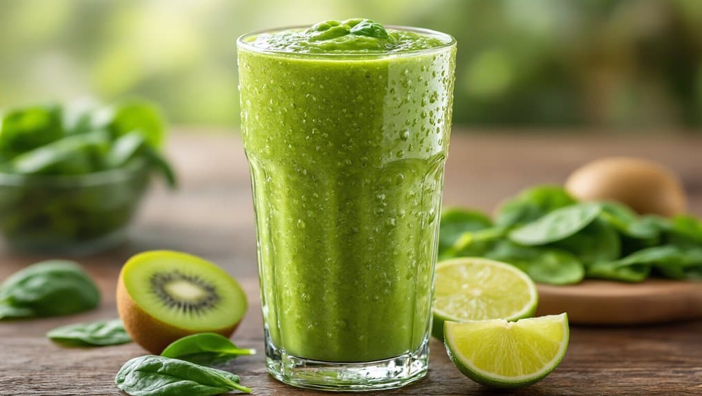Vibrant green smoothie in a tall glass with fresh kiwi, lime, and spinach surrounding it on a wooden surface.