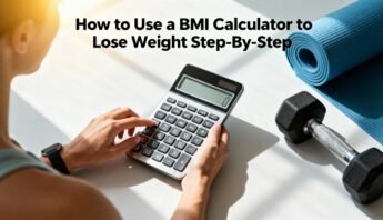 BMI calculator on a white table, fitness equipment including a dumbbell and blue yoga mat, with a woman calculating her weight loss progress.