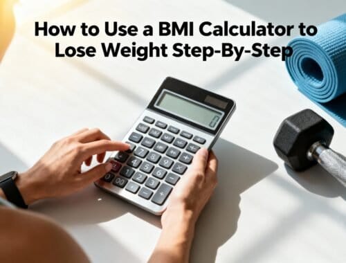 BMI calculator on a white table, fitness equipment including a dumbbell and blue yoga mat, with a woman calculating her weight loss progress.