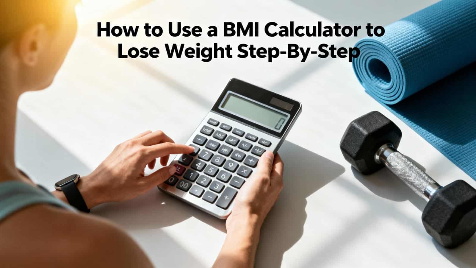 BMI calculator on a white table, fitness equipment including a dumbbell and blue yoga mat, with a woman calculating her weight loss progress.