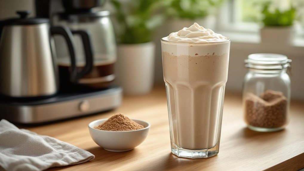 Creamy protein shake topped with whipped cream, with a bowl of powder and a jar of protein powder nearby on a wooden countertop.