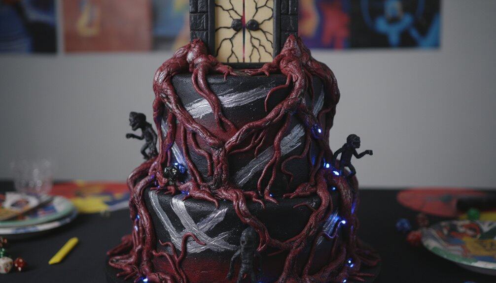 An elaborately decorated cake featuring a dark color scheme, twisted red vines, and miniature vampire figurines, perfect for themed parties or Halloween celebrations.