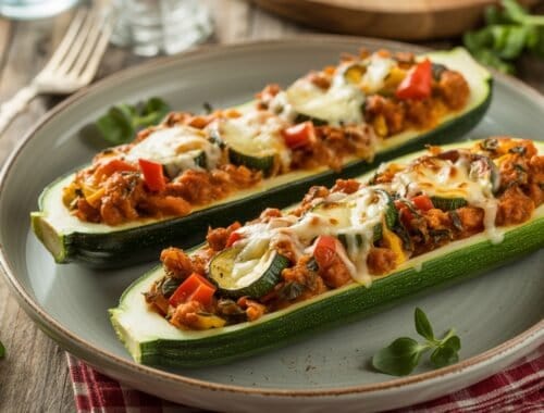 Zucchini boats stuffed with ground turkey, tomatoes, cheese, and vegetables on a rustic wooden table, healthy low-carb meal, fresh herbs, nutritious dinner, weight loss friendly, homemade healthy recipe, vibrant and colorful food.