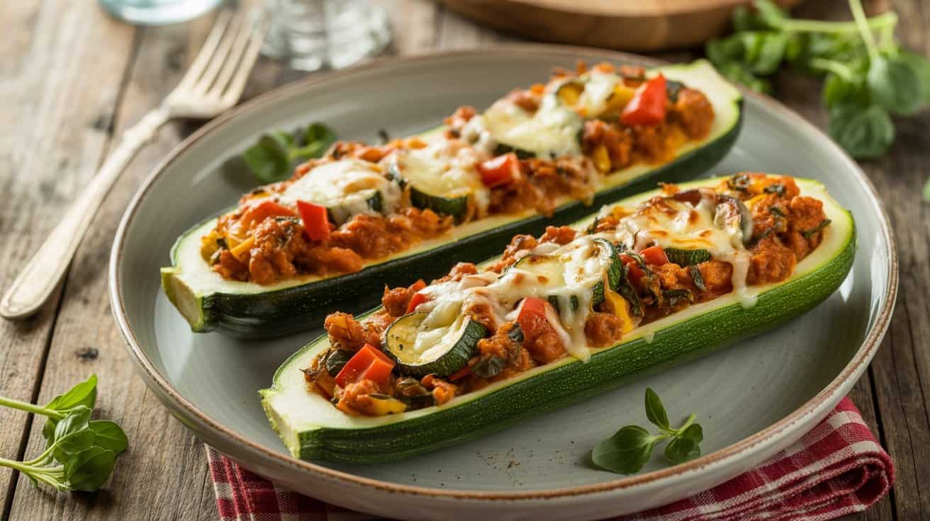 Zucchini boats stuffed with ground turkey, tomatoes, cheese, and vegetables on a rustic wooden table, healthy low-carb meal, fresh herbs, nutritious dinner, weight loss friendly, homemade healthy recipe, vibrant and colorful food.