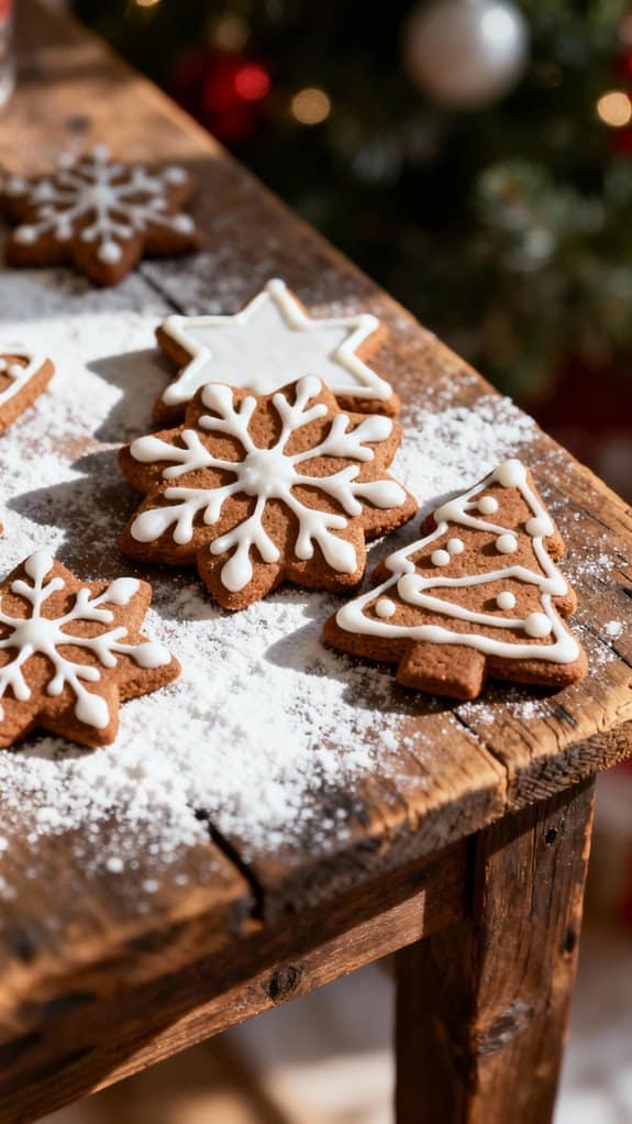 Decorative Christmas cookies with icing on rustic wooden table.