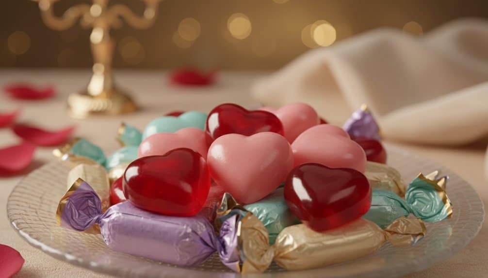 A close-up photo of colorful heart-shaped chocolates and candies arranged on a decorative glass plate, with a blurred background of rose petals and soft lighting, creating a romantic and festive atmosphere ideal for Valentine's Day or special celebrations.