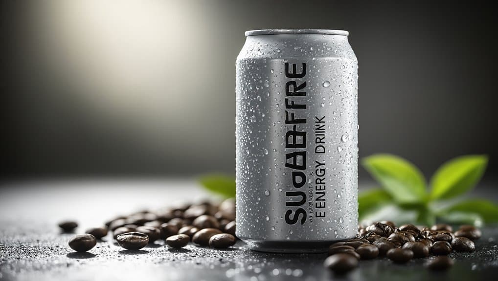 Refreshing SUUBOFFRE energy drink can with condensation, surrounded by coffee beans and green leaves, promoting healthy energy solutions for fitness enthusiasts and health-conscious individuals.