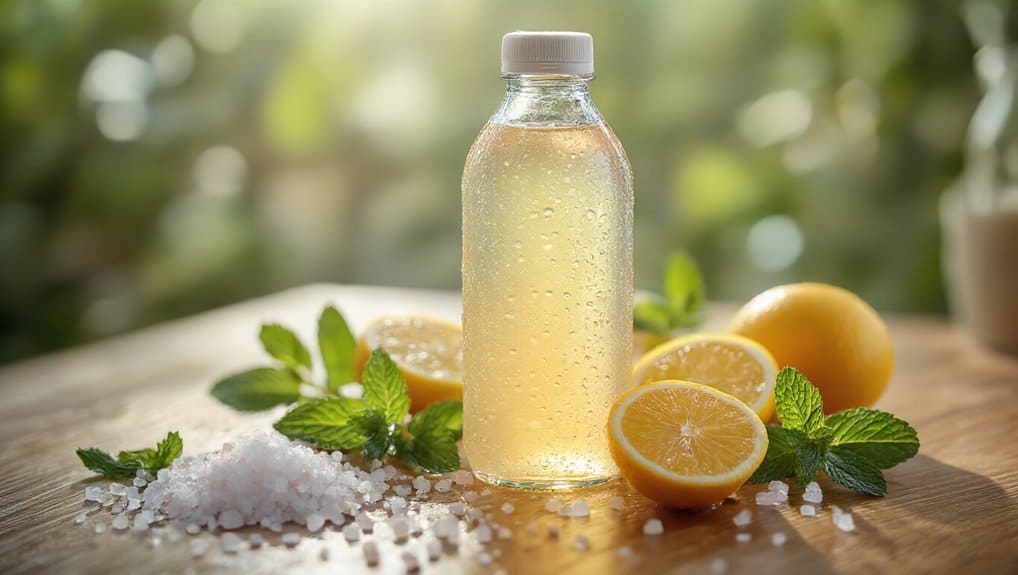 Refreshing lemon-infused water in a glass bottle with fresh lemons, mint leaves, and sea salt on a rustic wooden table outdoors, promoting hydration and healthy living.