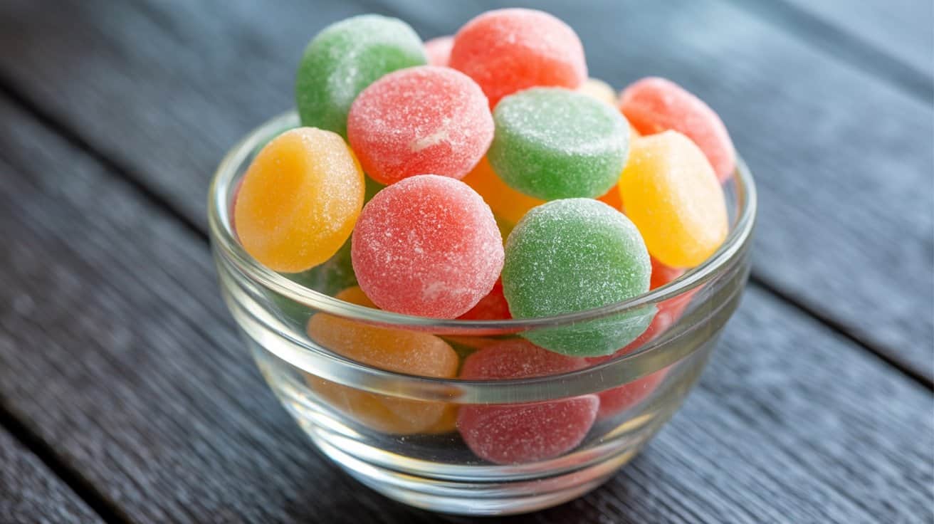 Colorful fruit gummies in a glass bowl on a wooden surface, showcasing healthy snack options for fitness enthusiasts.