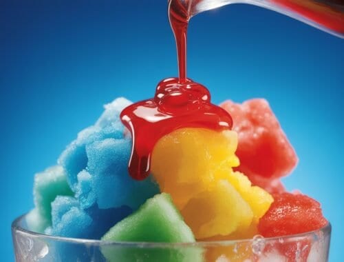 Brightly colored snow cones with syrup being poured, fresh and delicious summer treats. Perfect for hot weather, featuring vibrant hues of blue, yellow, green, and red against a clear glass and blue background.