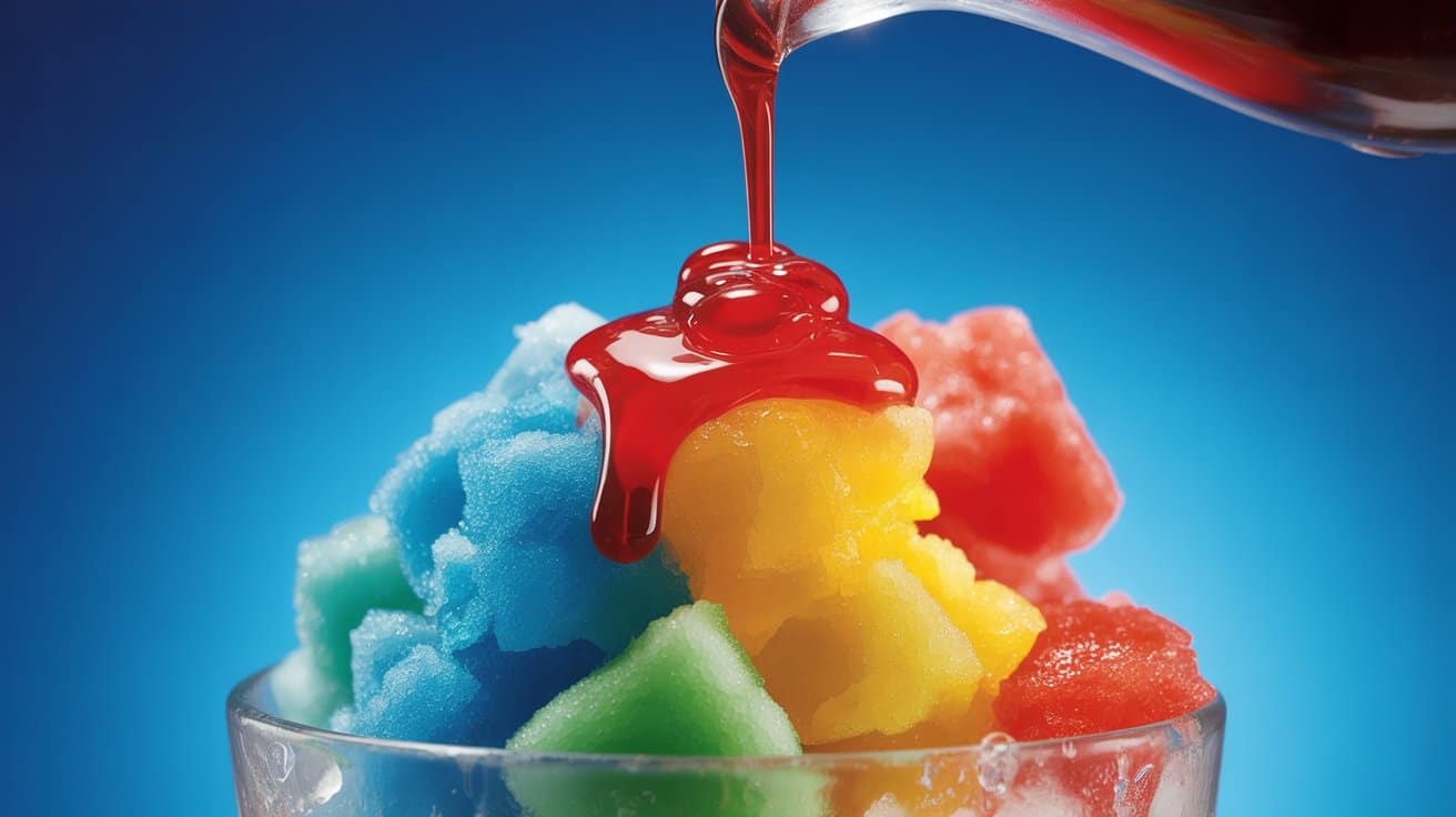 Brightly colored snow cones with syrup being poured, fresh and delicious summer treats. Perfect for hot weather, featuring vibrant hues of blue, yellow, green, and red against a clear glass and blue background.