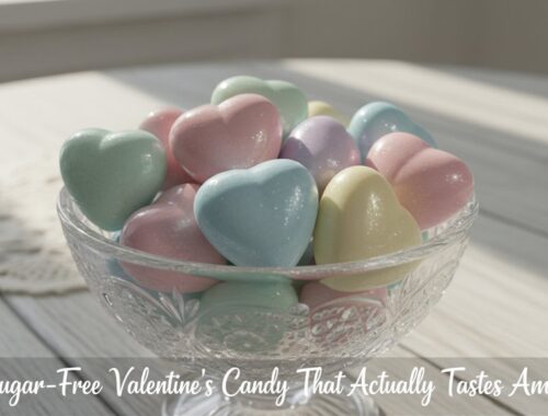 Delicious sugar-free pastel hearts candy in a glass bowl, perfect for a healthy Valentine's Day treat or gift. Sweet, colorful, and guilt-free option for celebrating love and health.