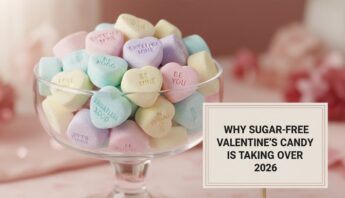Healthy sugar-free Valentine's candies in pastel colors, perfect for health-conscious celebrations, displayed in a transparent glass bowl with a Valentine’s-themed sign, emphasizing the rise of sugar-free treats in 2026.