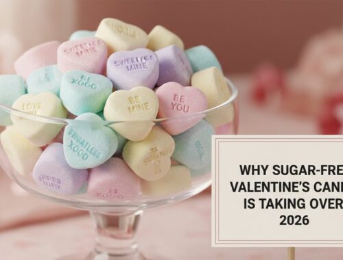 Healthy sugar-free Valentine's candies in pastel colors, perfect for health-conscious celebrations, displayed in a transparent glass bowl with a Valentine’s-themed sign, emphasizing the rise of sugar-free treats in 2026.