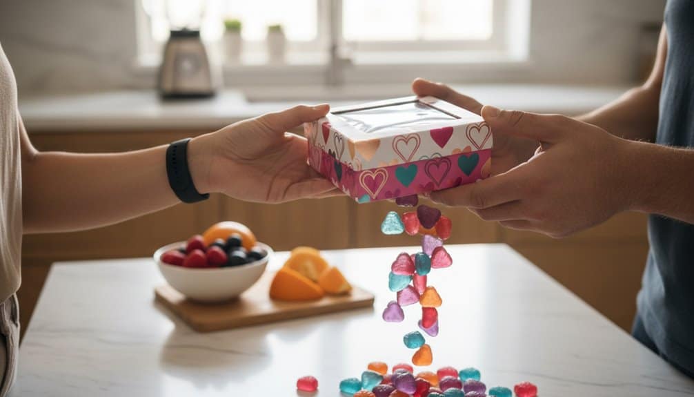 Why Sugar Free Valentine's Candy Is Taking Over 2026 2 A person hands over a gift box filled with colorful candies to another in a bright kitchen during daytime, with fresh fruit bowls on the table, symbolizing balanced living and thoughtful gestures in health and fitness.