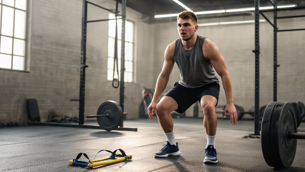 Young man doing a squat exercise in gym with weightlifting barbell and resistance bands on the floor, modern fitness center interior, strength training and workout routine for fitness enthusiasts.