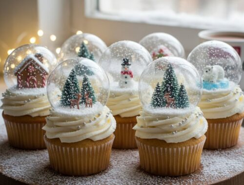 Whimsical holiday cupcakes topped with snow globe toppers featuring reindeer, polar bears, and winter scenes, perfect for festive celebrations.