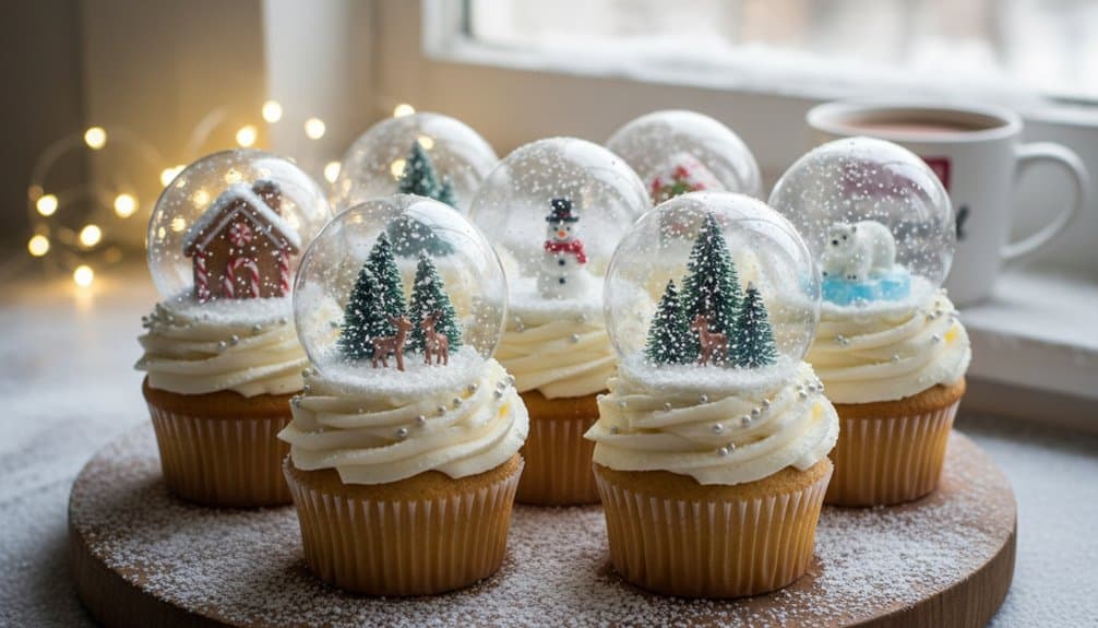 Whimsical holiday cupcakes topped with snow globe toppers featuring reindeer, polar bears, and winter scenes, perfect for festive celebrations.