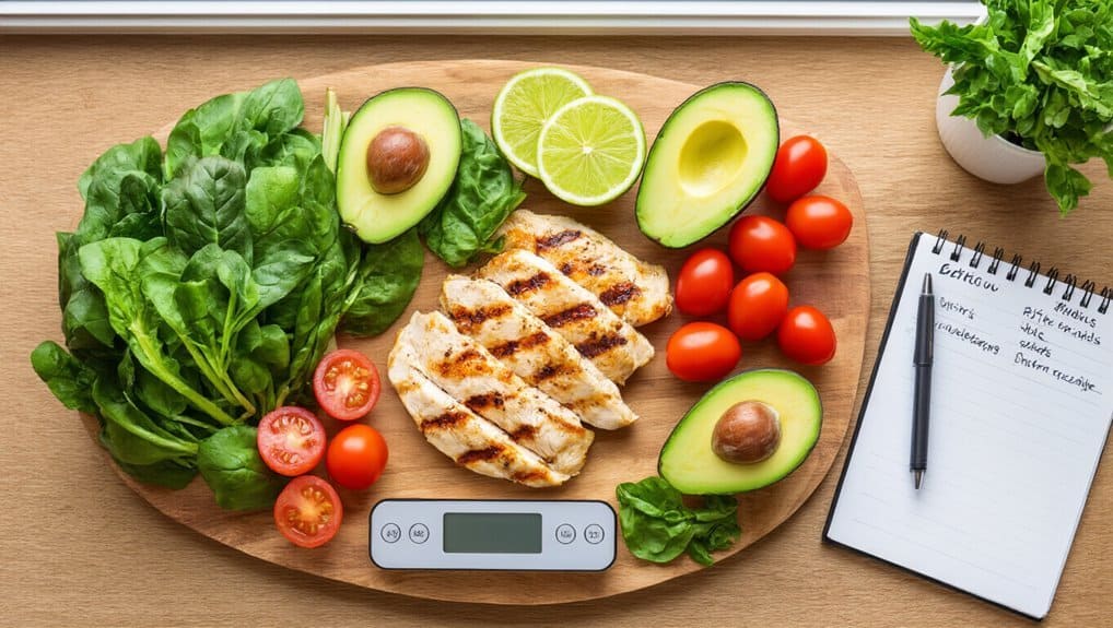 Fresh grilled chicken with avocado, cherry tomatoes, and lime slices on a wooden cutting board for a healthy diet. Included are a digital scale, notebook, and herbs, emphasizing nutritious eating and meal planning.