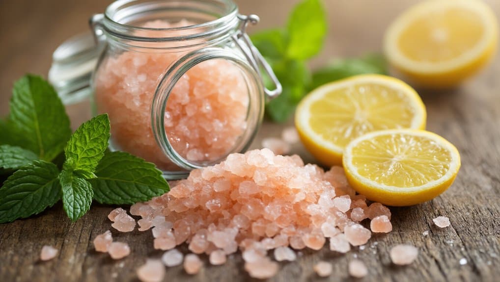 Pink Himalayan bath salts with fresh lemons and mint leaves on rustic wooden surface, highlighting natural relaxation and wellness.